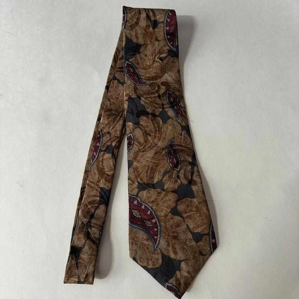 Oscar de la Renta Silk Tie Brown Tan Paisley Botanical Made in USA Vintage Mens